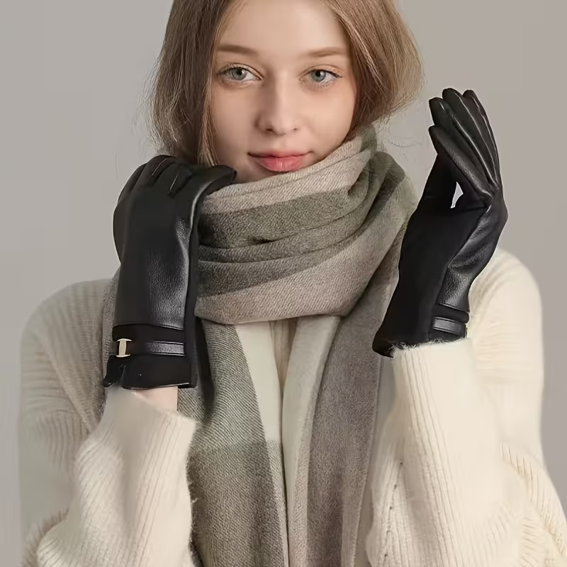 Women's Winter PU Gloves, Warm Plush-Lined Touchscreen Gloves for Driving & Cycling