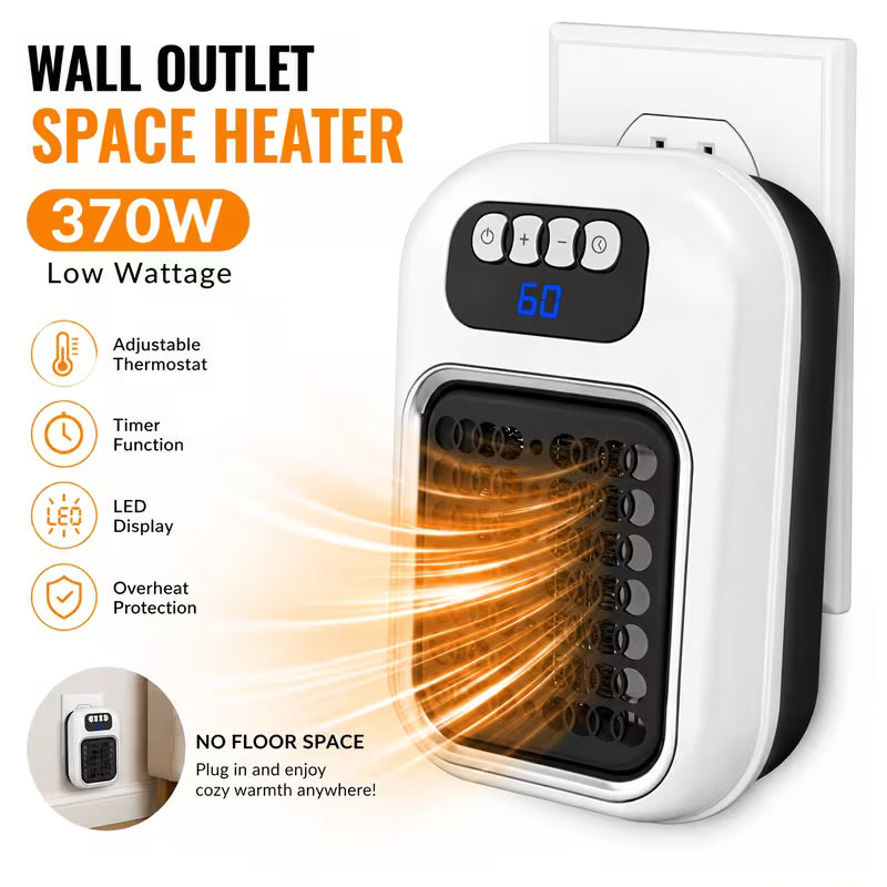 370W Mini Space Heater, Compact Wall Outlet Heater with Adjustable Thermostat & Timer
