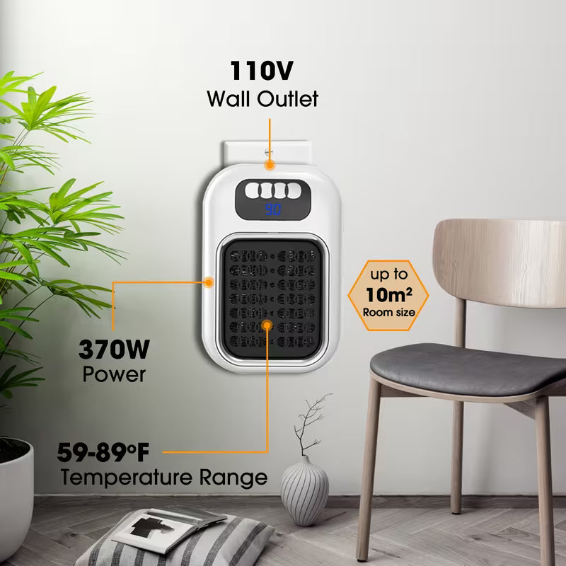 370W Mini Space Heater, Compact Wall Outlet Heater with Adjustable Thermostat & Timer