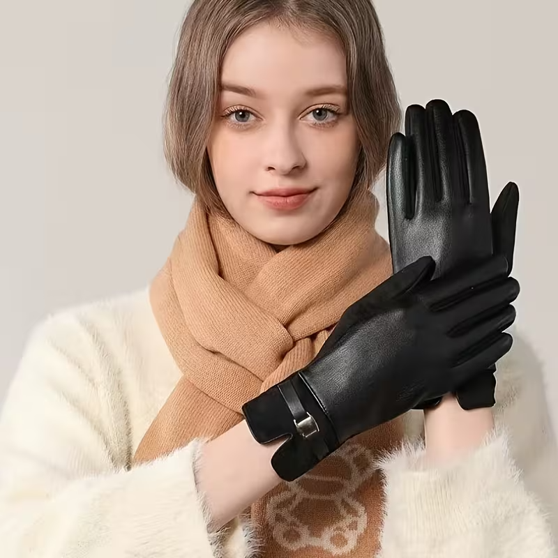 Women's Winter PU Gloves, Warm Plush-Lined Touchscreen Gloves for Driving & Cycling