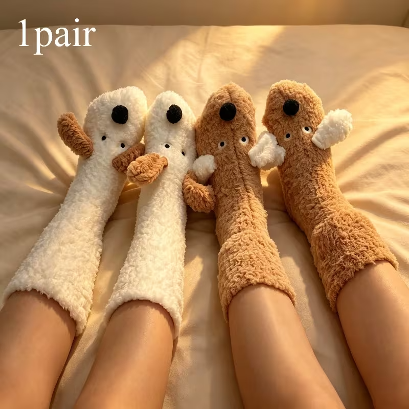 Cute Puppy Plush Floor Socks for Women, Soft Warm Cartoon Animal Non-Slip Indoor Winter Socks