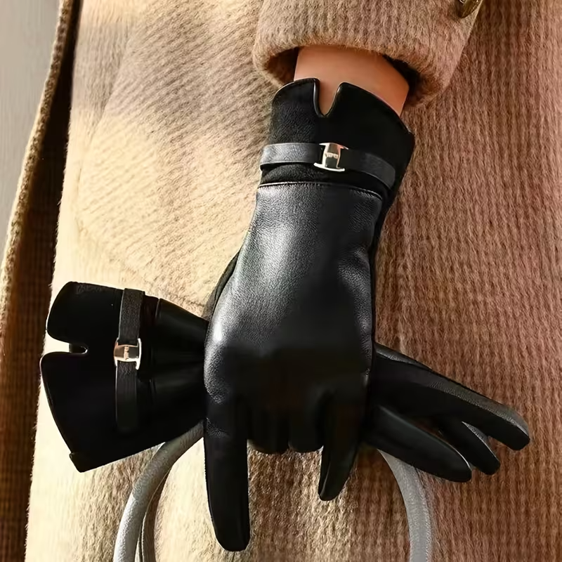 Women's Winter PU Gloves, Warm Plush-Lined Touchscreen Gloves for Driving & Cycling