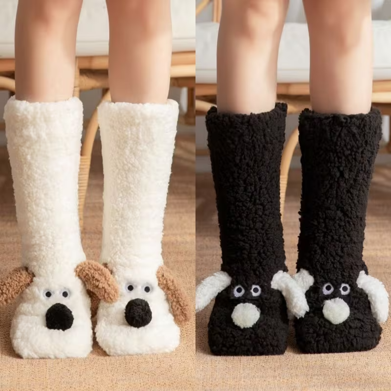 Cute Puppy Plush Floor Socks for Women, Soft Warm Cartoon Animal Non-Slip Indoor Winter Socks