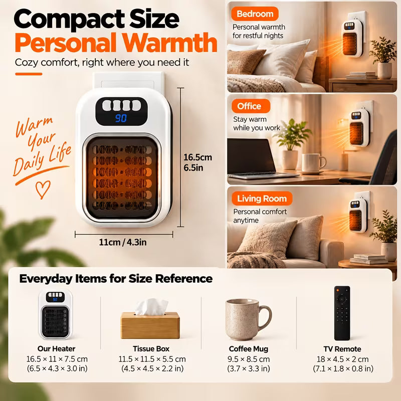 370W Mini Space Heater, Compact Wall Outlet Heater with Adjustable Thermostat & Timer