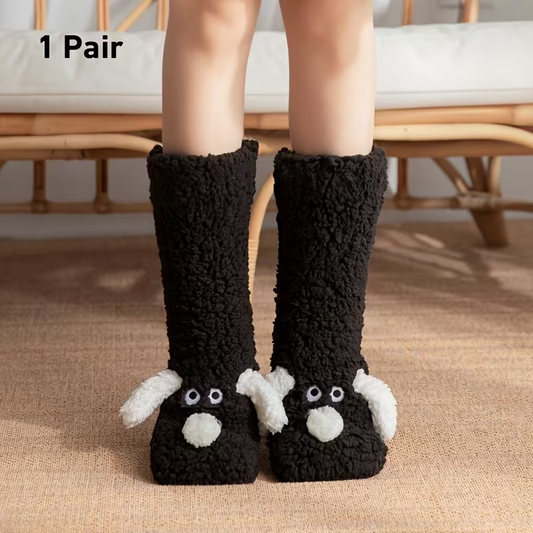 Cute Puppy Plush Floor Socks for Women, Soft Warm Cartoon Animal Non-Slip Indoor Winter Socks