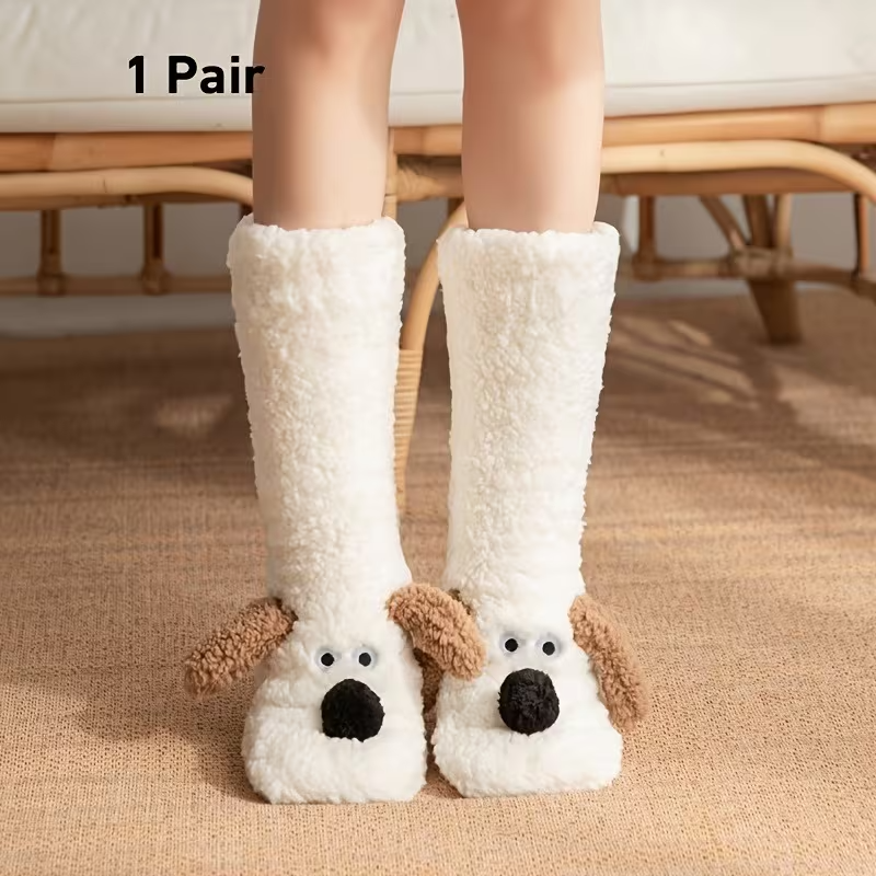 Cute Puppy Plush Floor Socks for Women, Soft Warm Cartoon Animal Non-Slip Indoor Winter Socks